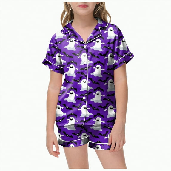 CAUYDY Halloween Pajamas Set Girl 2 Piece Pumpkin Ghost Pjs Boo Spooks Smile Button Down Cute Shorts Pj Sets Sleepwear(Purple,12-13 Y)