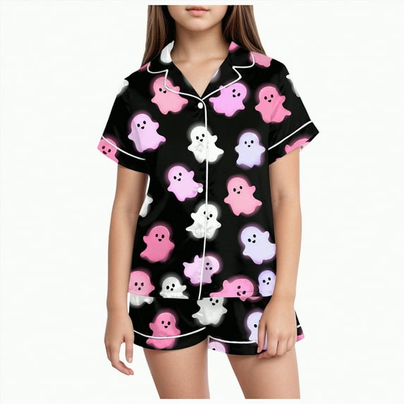 CAUYDY Halloween Pajamas Set for Girl Short Sleeve Button Down Shirts and Pajama Shorts Sets Silk Satin Soft Sleepwear Outfits(Light Purple,6-7 Y)