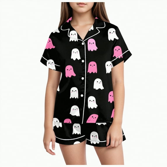 CAUYDY Halloween Pajamas Set for Girl Short Sleeve Button Down Shirts and Pajama Shorts Sets Silk Satin Soft Sleepwear Outfits(Pink,2-3 Y)