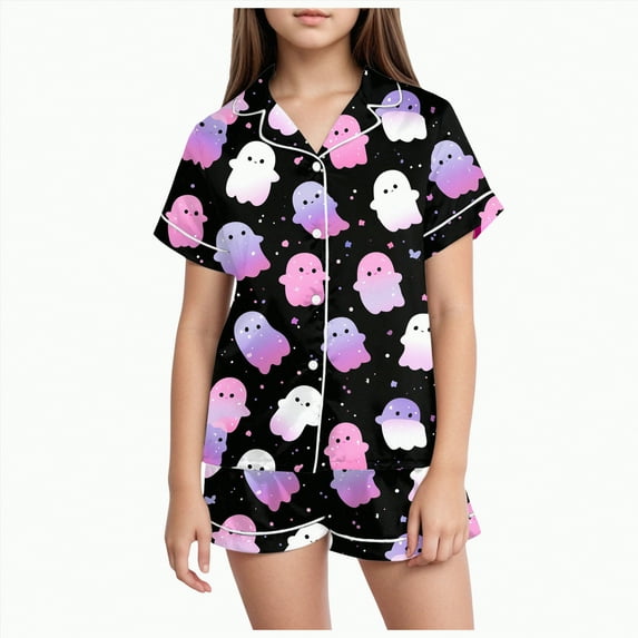 CAUYDY Halloween Pajamas Set for Girl Short Sleeve Button Down Shirts and Pajama Shorts Sets Silk Satin Soft Sleepwear Outfits(Purple,2-3 Y)
