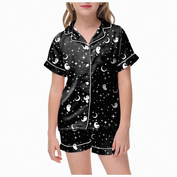 CAUYDY Halloween Pajamas Sets for Girl Short Sleeve Button Down Pjs Funny Halloween Graphic Soft Sleepwear Outfits(Z04-Black,2-3 Y)