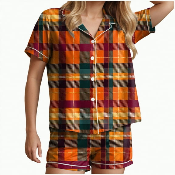 CAUYDY Halloween Pajamas Women Fall Graphic Button Up Sleepwears Loungewear Ladies 2 Piece Top and Shorts Pjs Sets(Gold,M)