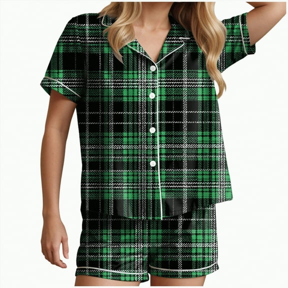 CAUYDY Halloween Pajamas Women Fall Graphic Button Up Sleepwears Loungewear Ladies 2 Piece Top and Shorts Pjs Sets(Green,S)