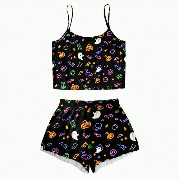 CAUYDY Halloween Pajamas Women Set 2 Piece Sexy Sleepwears Tank Tops and Shorts Sets Pjs Loungewear Pajamas(A02-Black,XXL)