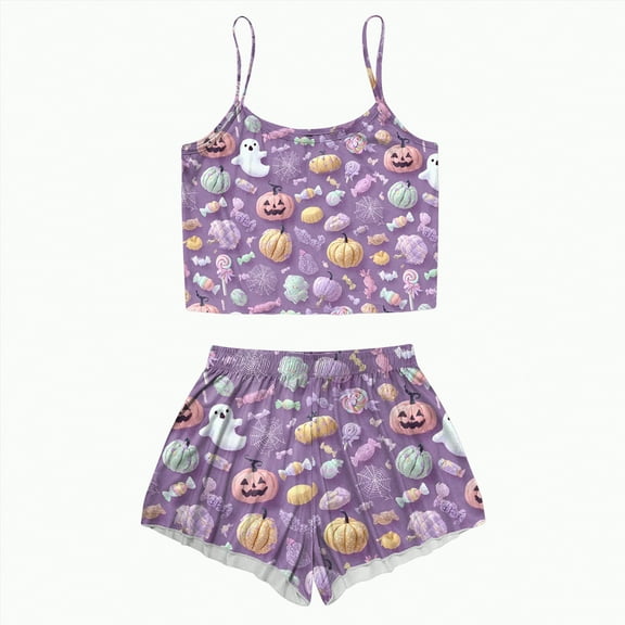 CAUYDY Halloween Pajamas Women Set 2 Piece Sexy Sleepwears Tank Tops and Shorts Sets Pjs Loungewear Pajamas(A02-Light Purple,XL)