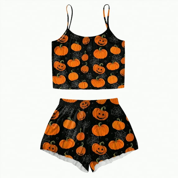 CAUYDY Halloween Pajamas Women Set 2 Piece Sexy Sleepwears Tank Tops and Shorts Sets Pjs Loungewear Pajamas(A02-Orange,XL)