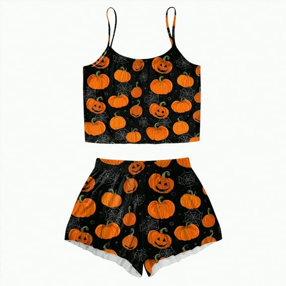 CAUYDY Halloween Pajamas Women Set 2 Piece Sexy Sleepwears Tank Tops and Shorts Sets Pjs Loungewear Pajamas(A02-Orange,XL)