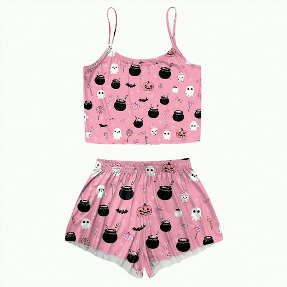 CAUYDY Halloween Pajamas Women Set 2 Piece Sexy Sleepwears Tank Tops and Shorts Sets Pjs Loungewear Pajamas(A02-Pink,XL)