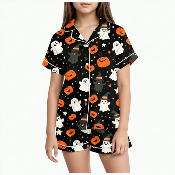 CAUYDY Halloween Pajamas for Girl Short Front Button Sleeve Shorts Collared Funny Pumpkin Bat Graphic Pj Sets Lounge Sleepsuit(Orange,10-11 Y)