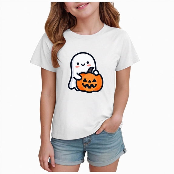 CAUYDY Halloween Pumpkin Ghost Graphic Pajamas for Kid Girls Short Sleeve Shirt Kids Cute Casual Sleepwear Top Sizes 2-3 Years