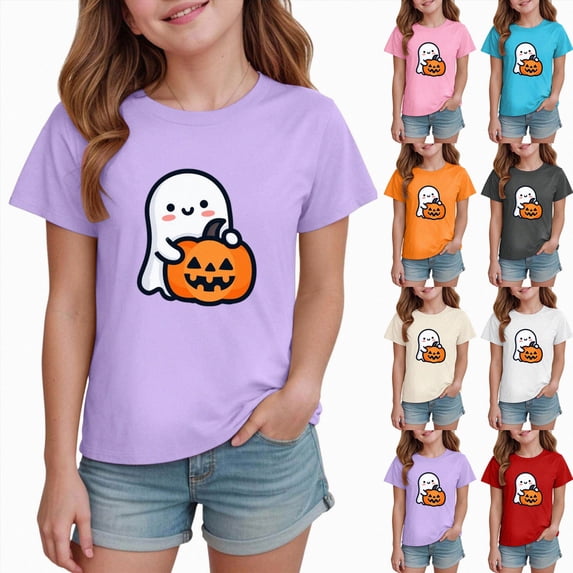 CAUYDY Halloween Pumpkin Ghost Graphic Pajamas for Kid Girls Short Sleeve Shirt Kids Cute Casual Sleepwear Top Sizes 3-4 Years
