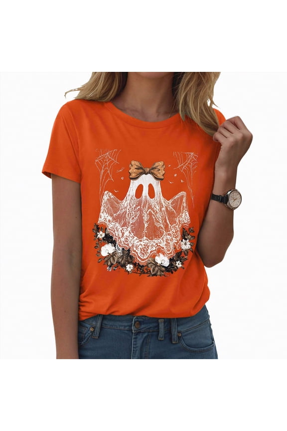 Halloween Shirt for Women Boo Crew Shirt Cute Ghost Nursing Graphic Short Sleeve Clothes Tops(Z02-Orange,M)