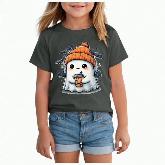 CAUYDY Halloween Shirts for Toddler Baby Girls Boys Pumpkin T-Shirts Ghost Tees Short Sleeve Tops Spooky Season Graphic Clothes Tee Tops(Dark Gray,7-8 Y)