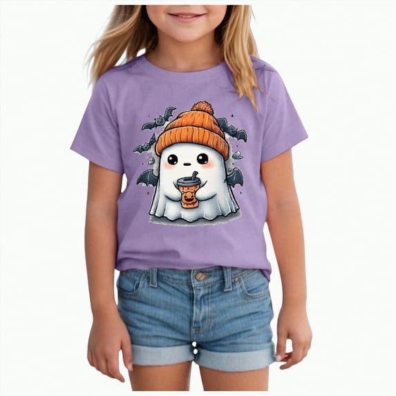 CAUYDY Halloween Shirts for Toddler Baby Girls Boys Pumpkin T-Shirts Ghost Tees Short Sleeve Tops Spooky Season Graphic Clothes Tee Tops(Purple,11-12 Y)