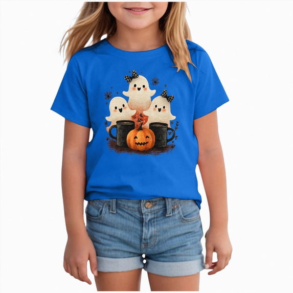 CAUYDY Halloween Shirts for Girl Cute Pumpkin Ghost T-Shirt Retro Spooky Fall Tees Kids Short Sleeve Tops Girls Halloween Shirt Sizes 12-13 Years