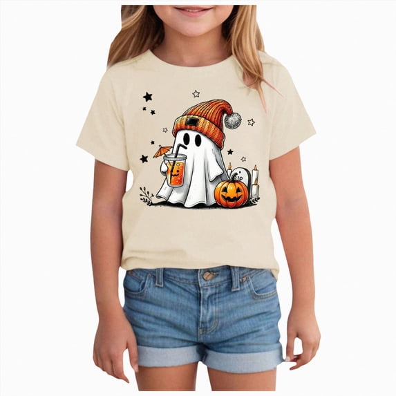 CAUYDY Halloween Shirts for Girls Cute Pumpkin Ghost T-Shirt Retro Spooky Season Outfit Fall Tees Kids Short Sleeve Tops Sizes 13-14 Years