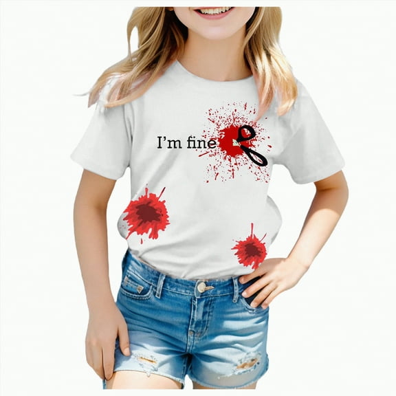 CAUYDY Halloween Shirts for Kid Girls Boys Cute Embroidery Ghosts T-Shirt Spooky Season Tees Short Sleeve Top Fall Outfit(A02-Brick Red,6-7 Y)