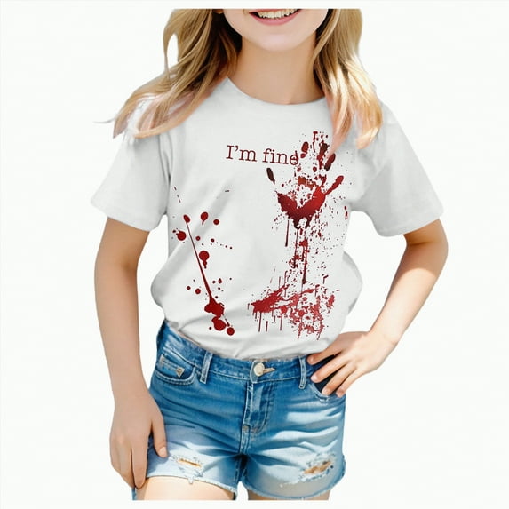 CAUYDY Halloween Shirts for Kid Girls Boys Cute Embroidery Ghosts T-Shirt Spooky Season Tees Short Sleeve Top Fall Outfit(A02-White,12-13 Y)