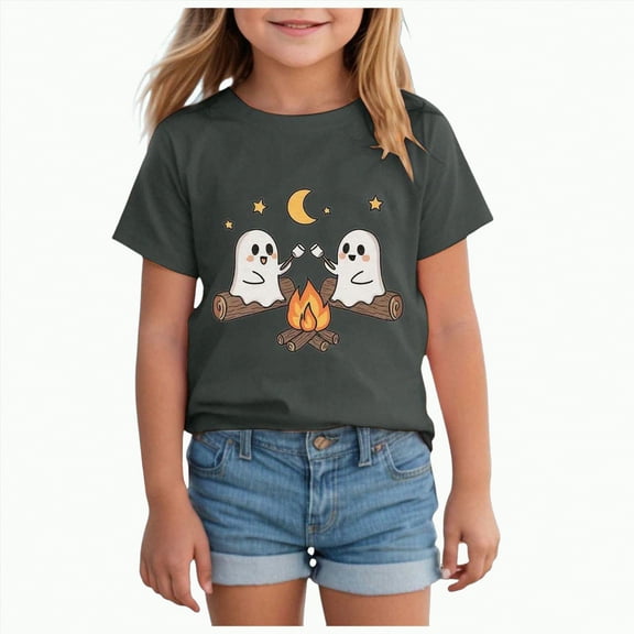 CAUYDY Halloween Shirts for Kids Toddler Pumpkin Ghost Skeleton Cotton Tshirt Clothes(Dark Gray,7-8 Y)