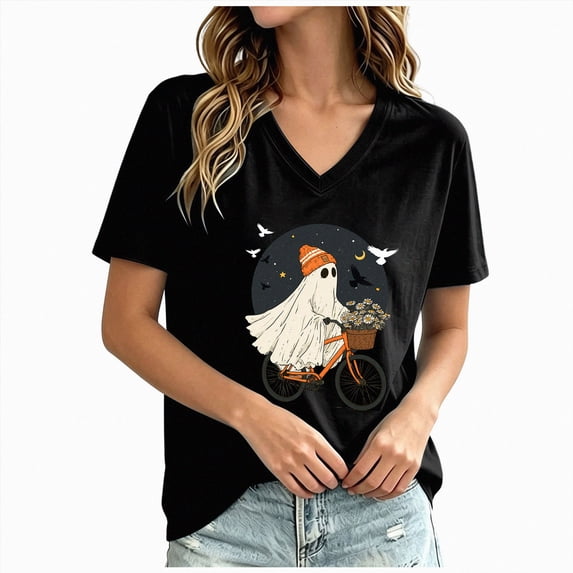 CAUYDY Halloween Shirts for Women Funny Halloween Pumpkin Graphic Short Sleeve Shirt Casual Fall Tee Tops Clear Sizes 3XL