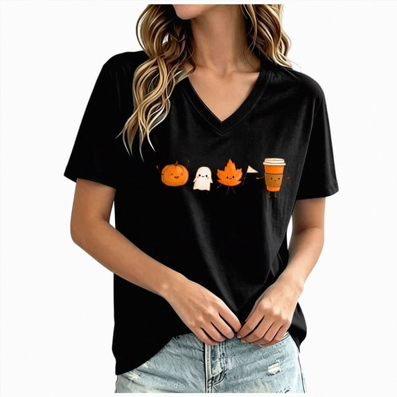 CAUYDY Halloween Shirts for Women Funny Halloween Pumpkin Graphic Short Sleeve Shirt Casual Fall Tee Tops Grey Sizes XL