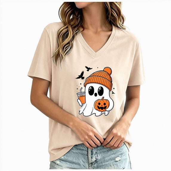 CAUYDY Halloween Shirts for Women Spooky Season V Neck Raglan Sleeve Tee Top Soft Fabric Lightweight Vibrant Parttern Beige Sizes 3XL