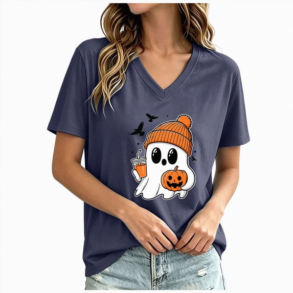 CAUYDY Halloween Shirts for Women Spooky Season V Neck Raglan Sleeve Tee Top Soft Fabric Lightweight Vibrant Parttern Navy Sizes XL