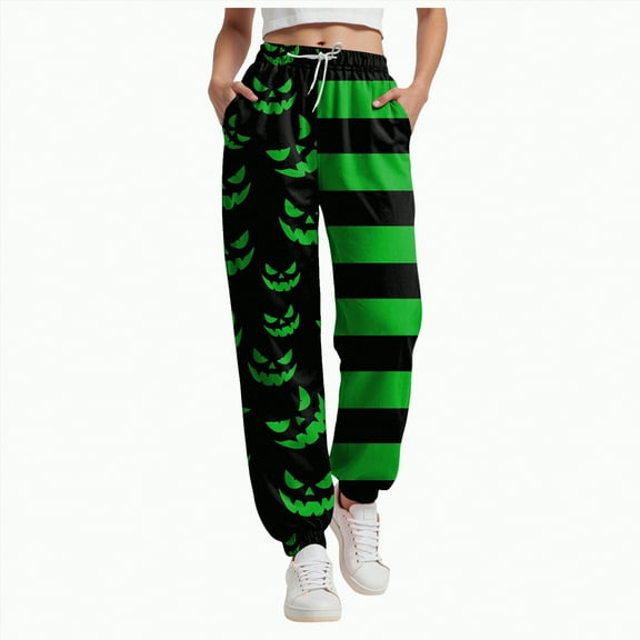 CAUYDY Halloween Sweatpants for Women Barrel High Waisted Cinch Bottom Sporty Active Joggers Pants Baggy Bottoms with Pocket(Green,XXL)