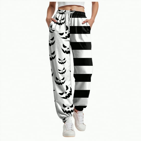 CAUYDY Halloween Sweatpants for Women Barrel High Waisted Cinch Bottom Sporty Active Joggers Pants Baggy Bottoms with Pocket(White,L)