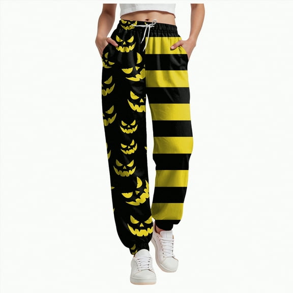 CAUYDY Halloween Sweatpants for Women Barrel High Waisted Cinch Bottom Sporty Active Joggers Pants Baggy Bottoms with Pocket(Yellow,L)