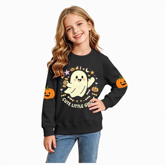 CAUYDY Halloween Sweatshirt Kids Ghost Shirt for Girls Spooky Long Sleeve Tops Fall Black Sizes 2-3 Years