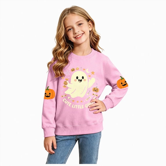 CAUYDY Halloween Sweatshirt Kids Ghost Shirt for Girls Spooky Long Sleeve Tops Fall Pink Sizes 5-6 Years