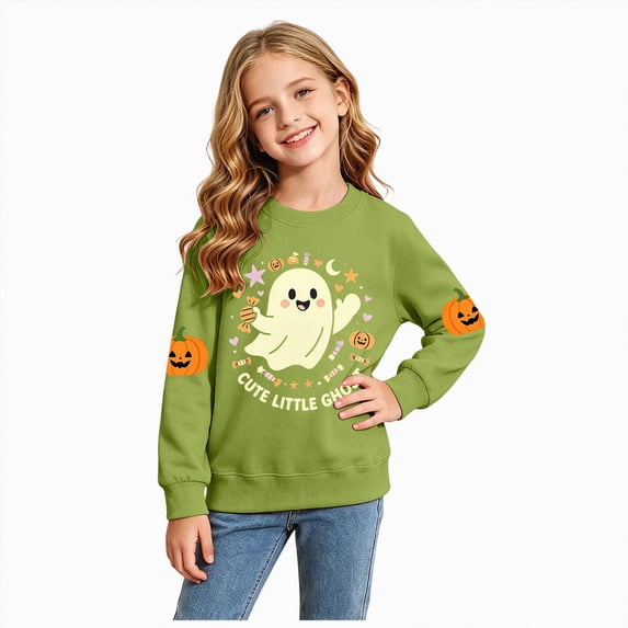 CAUYDY Halloween Sweatshirts for Girls Boys Spooky Ghost Pumpkin Graphic Pullover Long Sleeve Spooky Season T-shirt,