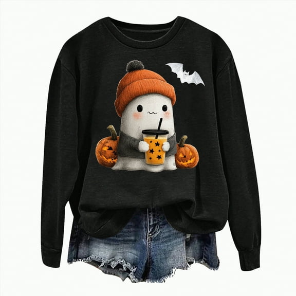 CAUYDY Halloween Sweatshirts for Women Funny Cute Ghost Pumpkin Graphic Long Sleeve Crewneck Casual Sweaters(Black,L)