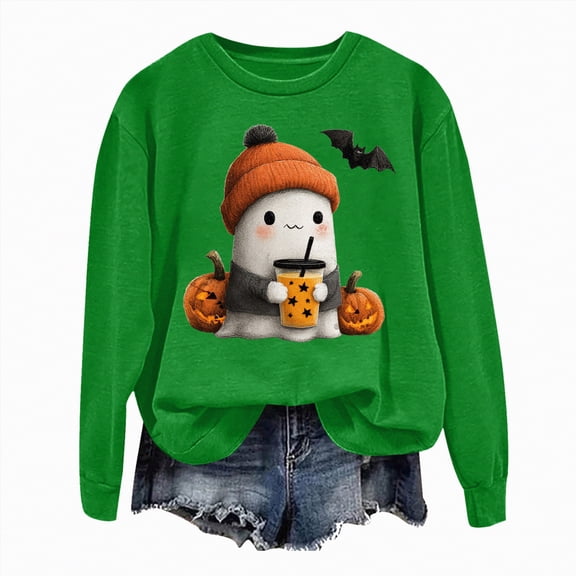 CAUYDY Halloween Sweatshirts for Women Funny Cute Ghost Pumpkin Graphic Long Sleeve Crewneck Casual Sweaters(Green,XXL)