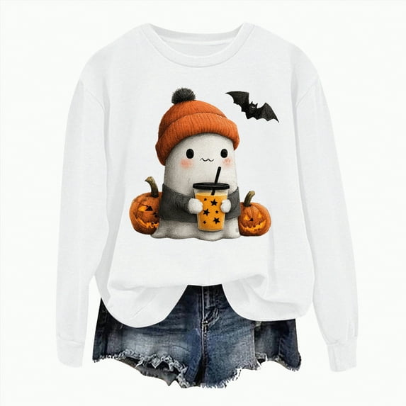 CAUYDY Halloween Sweatshirts for Women Funny Cute Ghost Pumpkin Graphic Long Sleeve Crewneck Casual Sweaters(White,XL)