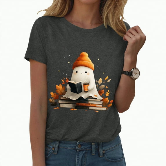 CAUYDY Halloween Teacher Shirts for Women Ghost Reading Books Shirt Funny Spooky Bookish Tee Halloween Party Short Sleeve Tops(Grey,3XL)