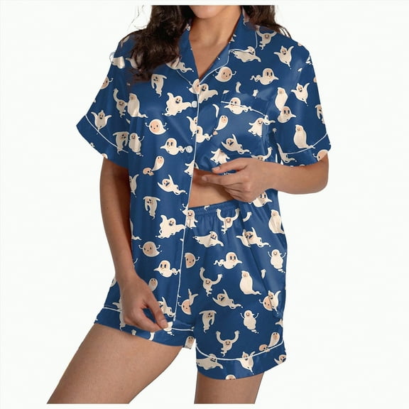 CAUYDY Halloween Womens Pajamas Set Ghost Pumpkin Print Short Sleeve Button Down 2 Piece Loungewear Sets Sleepwear(Blue,M)