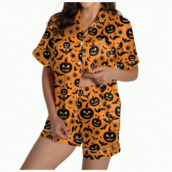 CAUYDY Halloween Womens Pajamas Set Ghost Pumpkin Print Short Sleeve Button Down 2 Piece Loungewear Sets Sleepwear(Light Pink,XXL)