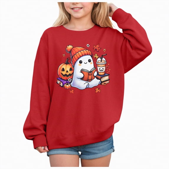 CAUYDY Hoodies for Girl Fall Winter Halloween Tops Ghost Pumpkin Graphic Sweatshirts Long Sleeve Pullover Blouse(Red,6Y)