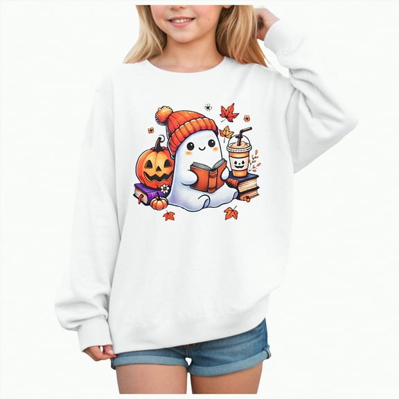 CAUYDY Hoodies for Girl Fall Winter Halloween Tops Ghost Pumpkin Graphic Sweatshirts Long Sleeve Pullover Blouse(White,6Y)