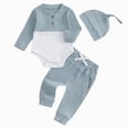 thumbnail image 1 of CAUYDY Infant Clothes Boy Newborn Boys Photoshoot Outfits Fall Winter 3PCS Romper + Pants + Warm Hat Set for Baby 0 3 6 9 12 18 Months (Sizes 0-3 Months,Sky Blue), 1 of 7