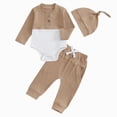 thumbnail image 1 of CAUYDY Infant Clothes Boy Newborn Boys Photoshoot Outfits Fall Winter 3PCS Romper + Pants + Warm Hat Set for Baby 0 3 6 9 12 18 Months (Sizes 3-6 Months,Coffee), 1 of 7