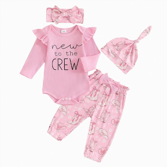 CAUYDY Infant Clothes Girl Newborn Girls Photoshoot Outfits Fall Winter 4PCS Ruffle Romper + Floral Pants + Bow Headband + Warm Hat Set for Baby 0 3 6 Months (Sizes 3-6 Months,Pink)