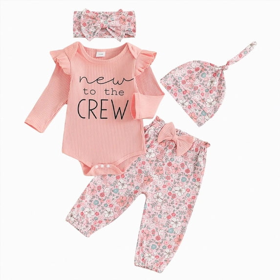 CAUYDY Infant Clothes Girl Newborn Girls Photoshoot Outfits Fall Winter 4PCS Ruffle Romper + Floral Pants + Bow Headband + Warm Hat Set for Baby 0 3 6 Months (Sizes 3-6 Months,Orange)