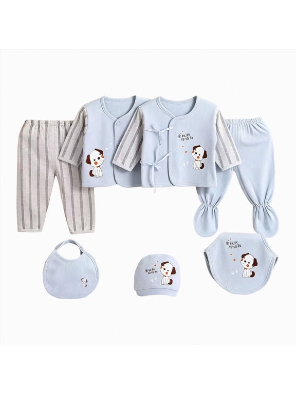 Infant Girls Outfits Preemie Boys Clothes Unisex Baby Layette 2 Long Sleeve Shirt + 2 Pants + Hat + Bib + Bellyband 7 Pieces Soft Set Fall Sizes 0-3 Months,Light Blue