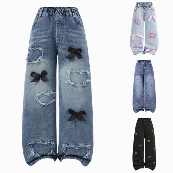 CAUYDY Jeans for Girls Wide Leg Kids Baggy Denim Pants Elastic Waisted Cute Print Y2k Trousers with Pockets Sizes 7-8 Years