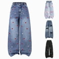 thumbnail image 1 of CAUYDY Jeans for Girls Wide Leg Tween Baggy Denim Pants Elastic Waisted Cute Print Y2k Trousers with Pockets Sizes 11-12 Years, 1 of 9