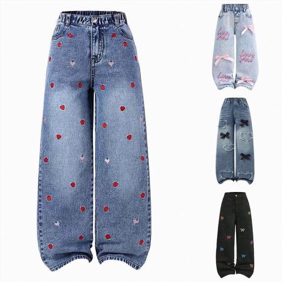 CAUYDY Jeans for Girls Wide Leg Tween Baggy Denim Pants Elastic Waisted Cute Print Y2k Trousers with Pockets Sizes 11-12 Years