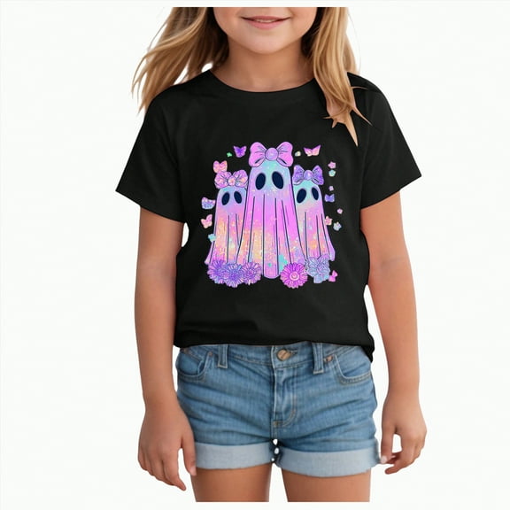 CAUYDY Kid Boys Girls Halloween Shirts Cute Embroidery Pumpkin T-Shirts Spooky Season Tees Outfits Short Sleeve Fall Tops(Z02-Black,4-5 Y)